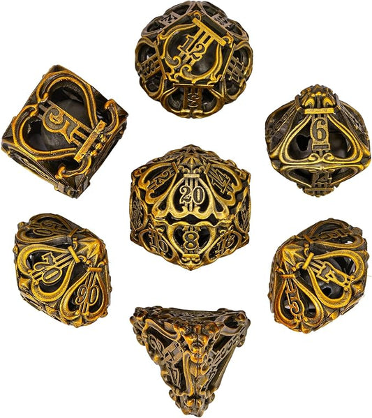 Cusdie 7-Die Metal Dice Set - Hollow Design with Bells - Crisp Sounding Gaming Dice in Tin Box - Perfect for Tabletop RPGs & Board Games(Ancient Gold)