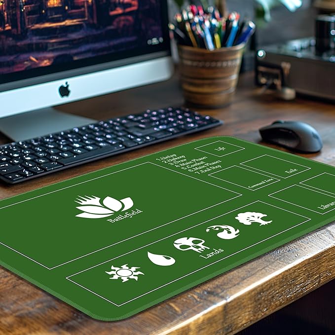 MTG Playmat Stitched with Magic Zone Non-Slip Rubber Backing Printing Commander Board Game Desk Mat Duel Mat TCG PTCG Playmat 24x14 inches and Free Storage Bags (Green)