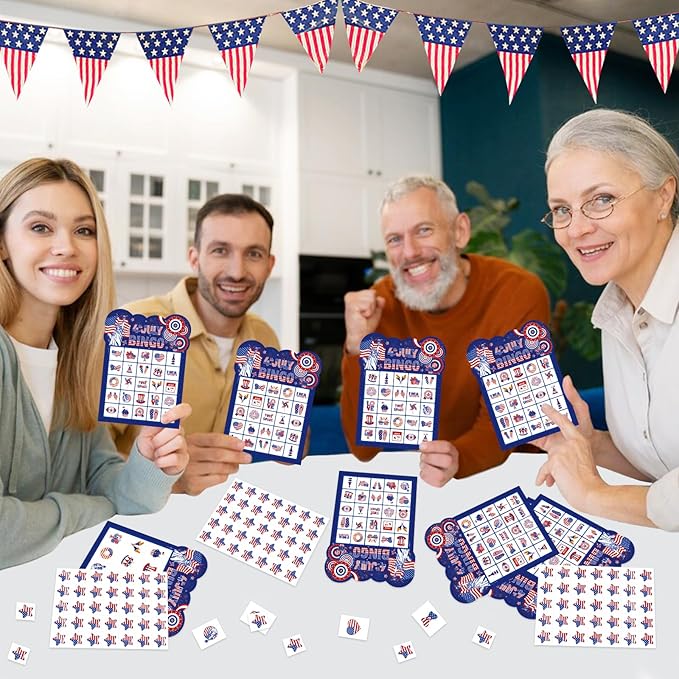 4th of July Bingo Game Cards for Kids Adults, 24 Players Patriotic Bingo Cards Independence Day Game for School Classroom Family Activities Patriotic Party Favors Supplies