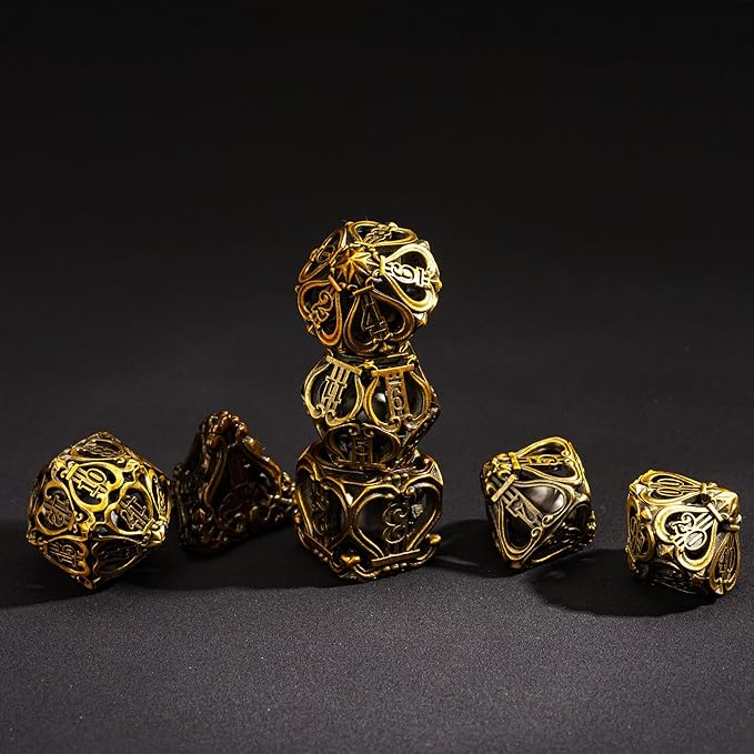 Cusdie 7-Die Metal Dice Set - Hollow Design with Bells - Crisp Sounding Gaming Dice in Tin Box - Perfect for Tabletop RPGs & Board Games(Ancient Gold)