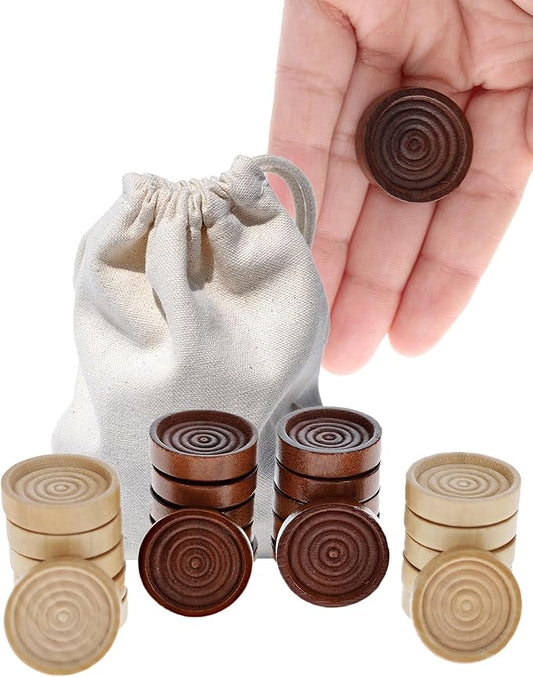 WE Games Wooden Checkers Pieces Only (1.06 inch), Checker Board Game & Backgammon Pieces, 24 Brown and Natural Stained Stackable Ridges with a Drawstring Storage Bag, Replacement Game Piece