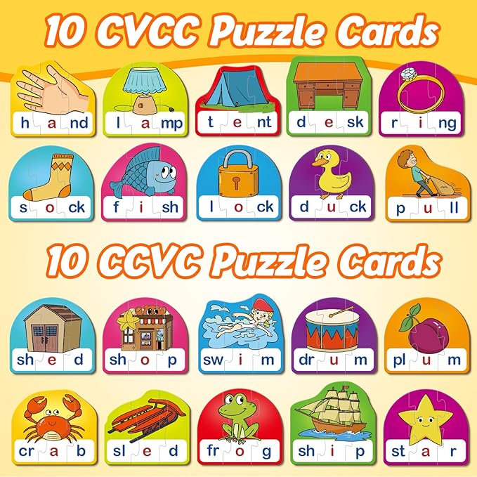 CVCC & CCVC Puzzle Cards for Kids - Word & Phonics Games, Speech Therapy Toys for Toddlers, 4 Alphabet Letter Word Puzzles, Learning Spelling Games