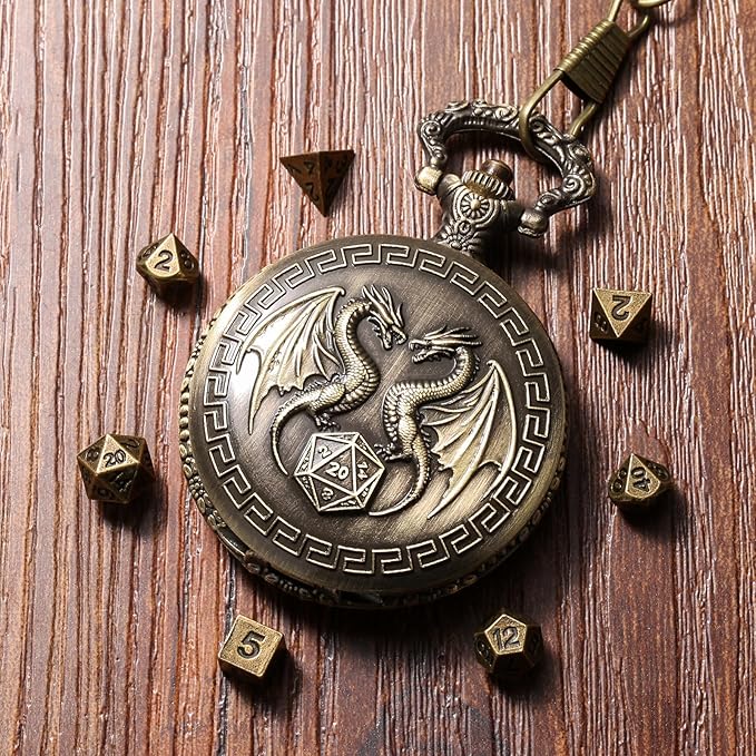 Mini DND Dice Set with Steampunk Double Dragon Pocket Watch Case, Tiny 7-Piece Polyhedral Metal D&D Dice, DND Gifts with Gift Box, Role Playing Game Board Game Accessories Dice, Bronze