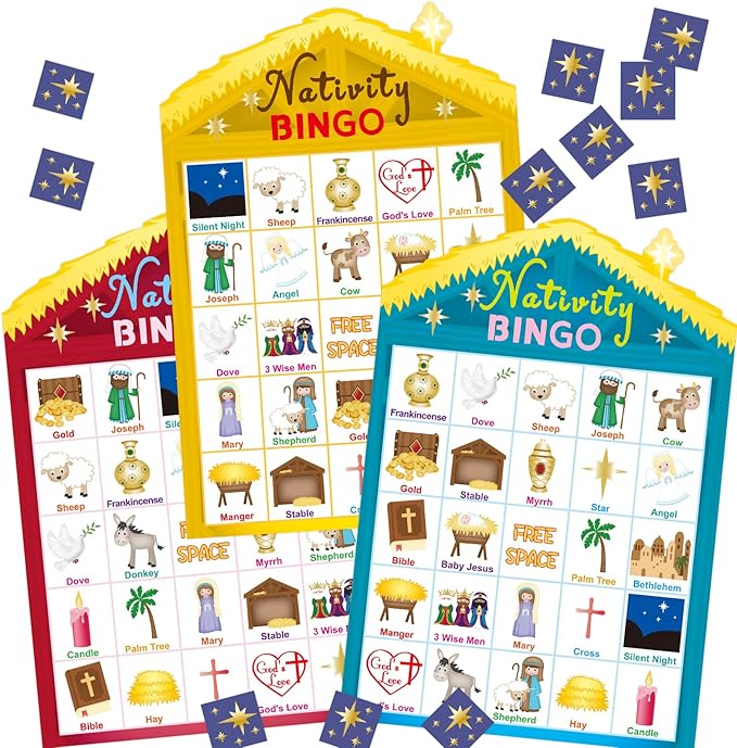 Fancy Land Nativity Bingo Game for Kids 24 Players Christmas Stable House Christain Bingo Game Holiday Religious Party Activities VBS