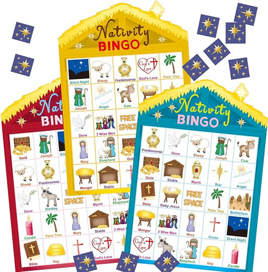Fancy Land Nativity Bingo Game for Kids 24 Players Christmas Stable House Christain Bingo Game Holiday Religious Party Activities VBS