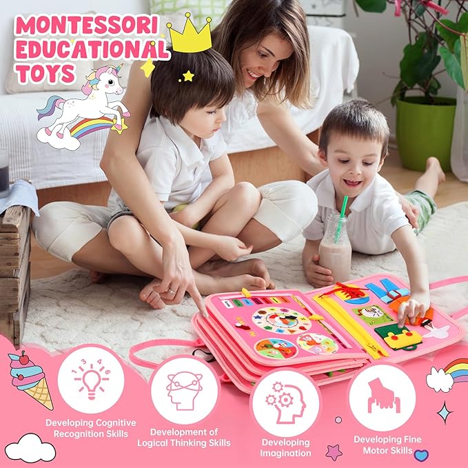 Toddler Busy Board，Busy Book Montessori Toys，Toys for 3 Year Old Girl Birthday Gift，Sensory Bins Toys，Learning Toys，Preschool Learning Activities Book Airplane Travel Essential Kid Toys