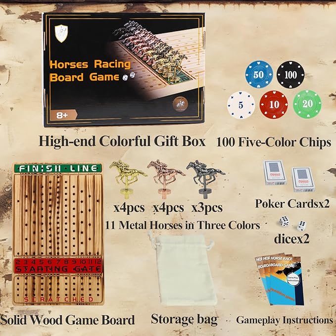 Horse Racing Board Game Solid Wood Horse Race Card and Dice Board Game Luxury Edition Set with 11 Metal Horses,100 Poker Chips,2 Dices and 2 Boxes of Cards, 15 Inch Light Flame