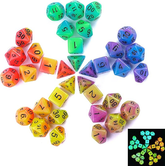 5 Sets Glow in The Dark DND Dice, 35Pcs Luminous Polyhedral Dice Set with 1 Leather Dice Bag, Glowing D&D Dice for Dungeons and Dragons, RPG, MTG Table Games(5Sets/35Pcs Glowing Dice)