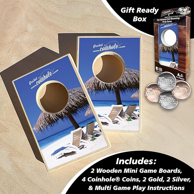 Desktop Coin Bouncing Party Set | Tabletop Cornhole Board | Small Travel Game Includes Coins