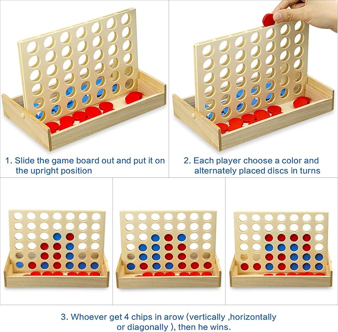 4 in a Row Wooden Connect Board Game, Foldable Line up 4 Game, Classic Strategy Family Fun Toy, Wood Connect Game for Kids and Adults (Travel Size)