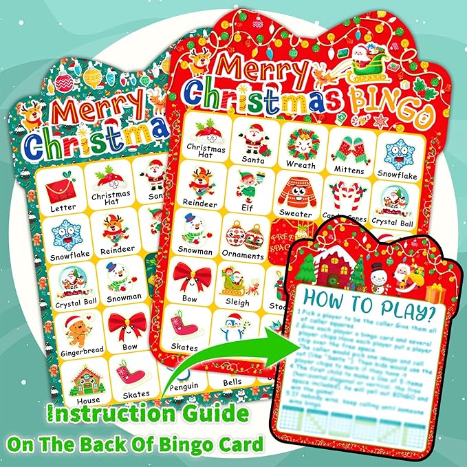 39Pcs Christmas Bingo Cards, 24 Players Cute Christmas Bingo Game for Kids Adults Party Supplies Family Games Activities Xmas Festival