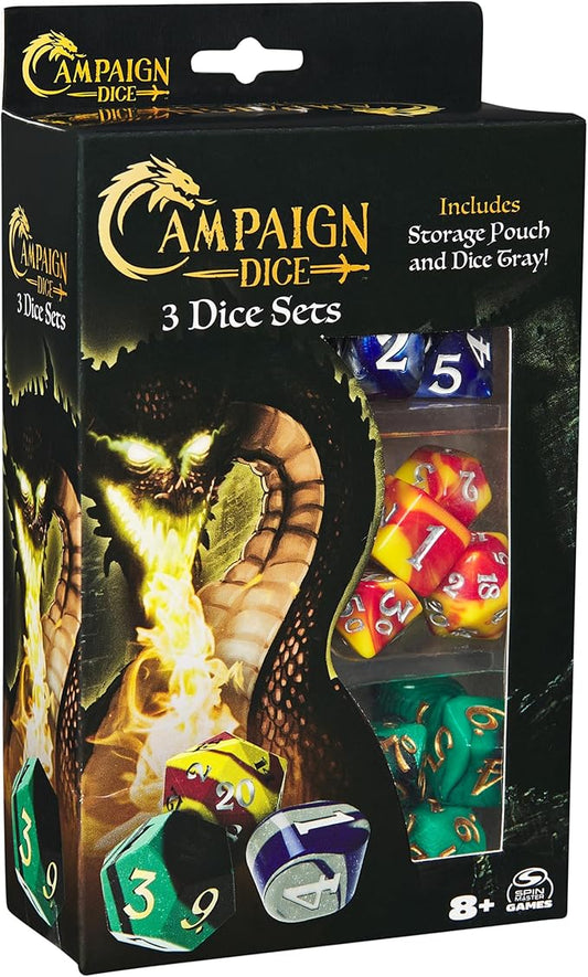 Spin Master Games, Campaign Dice, 3 Sets of Polyhedron Dice for RPG & Board Games, Storage Pouch & Silicone Tray, DND Dungeons and Dragons, MTG Magic The Gathering, for Ages 8 & Up