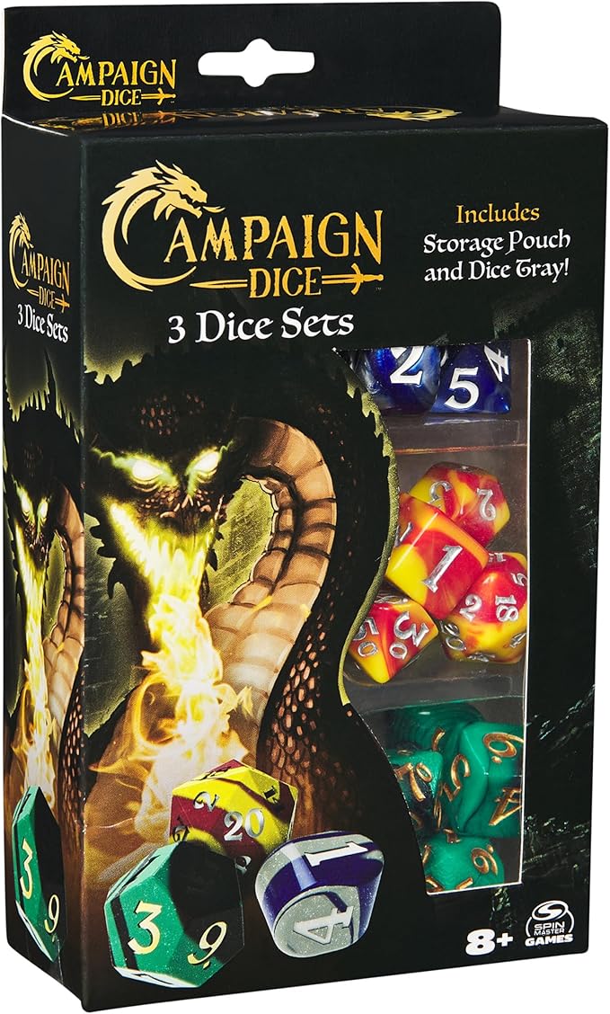 Spin Master Games, Campaign Dice, 3 Sets of Polyhedron Dice for RPG & Board Games, Storage Pouch & Silicone Tray, DND Dungeons and Dragons, MTG Magic The Gathering, for Ages 8 & Up