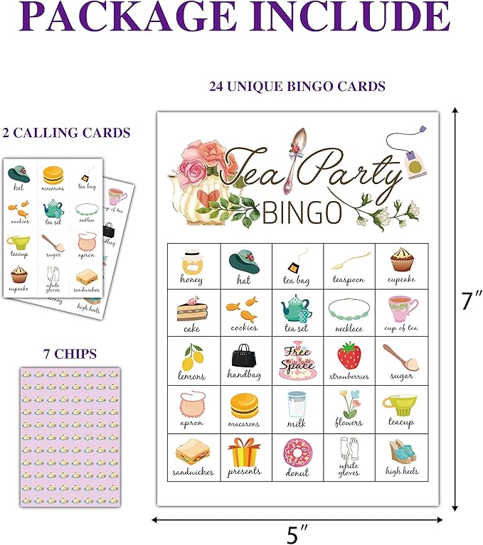 Tea Party Bingo Cards, Tea Bridal Party Games Bingo Cards, School Party, Birthday, Garden Tea Party Favors Supplies Decorations, 24 Players Bingo Game (A02)