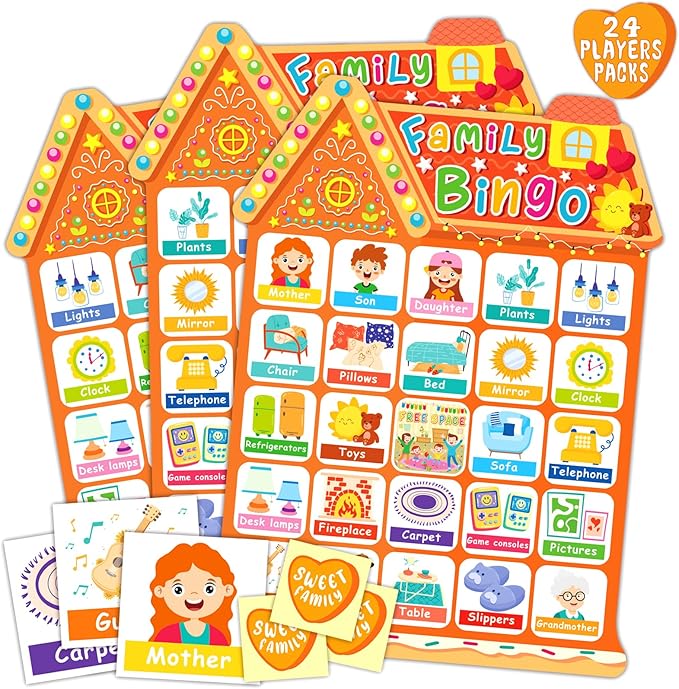 Family Bingo Game 24 Players Home Bingo Games for Family Reunion Games, Kids Bingo Cards Family Activity Party Bingo Game Supplies, Yellow