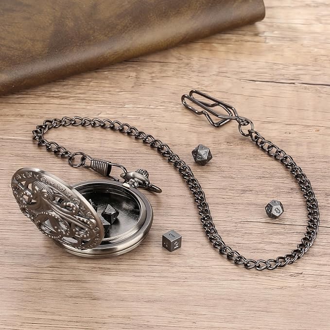 Mini DND Dice Set Steampunk Hollow Octopus Pocket Watch Shell Case, 7pcs Polyhedral Metal D&D Dice Set, DND Gifts with Gift Box, Role Playing Board Games Accessories Dark Silver