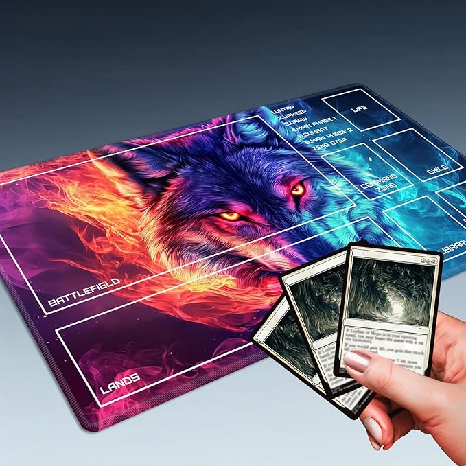 MTG Playmat Size 23.6x13.8in with Storage Bags Portable Playmat TCG and Board Game Mat for Cards Rubber Base Slip-Resistant Mousepad Desk Mat (Cool Wolf,with Zone)