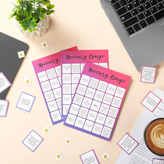 Faccito 33 Pcs Recovery Bingo Games with 24 Players Bingo Cards 7 Sheet Tearable Cross Chips 2 Calling Cards Questions Group Therapy Game for Adults and Family Vacation Holiday Party Favors