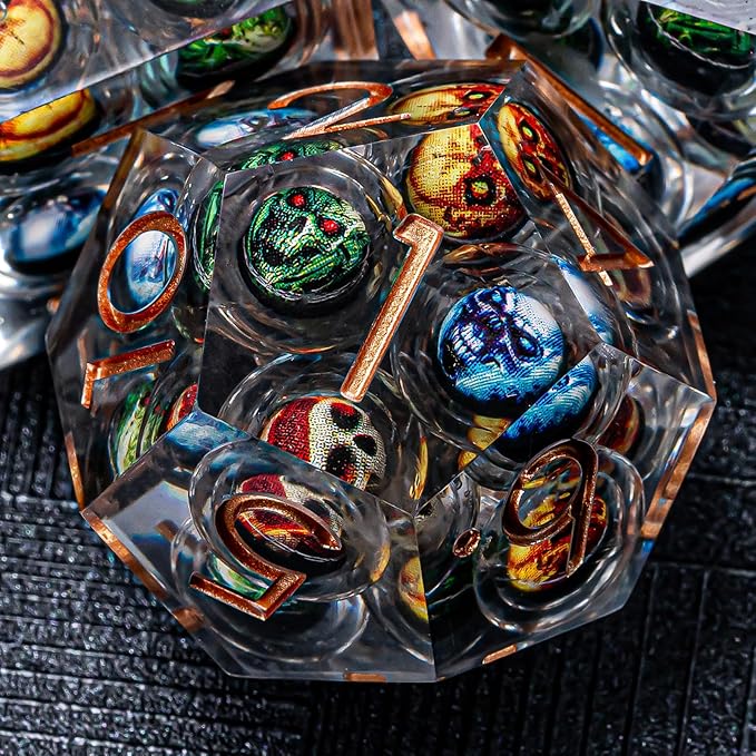 DND Resin Dice Skulls Dice Set 22-32mm Large Sharp Edged Dice with Box, Dungeons and Dragons Polyhedral D&D Role Playing Board Game D&D Dice Set D20 D12 D10 D8 D6 D4(Colorful Skulls)