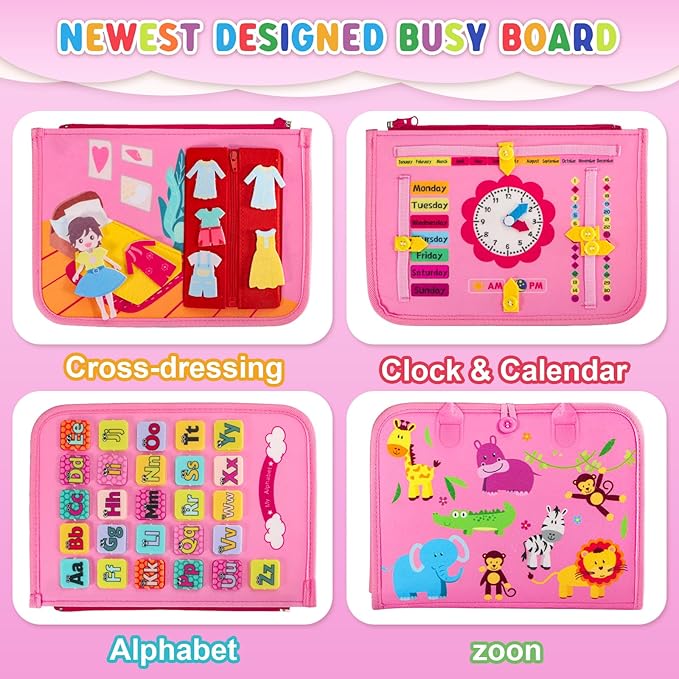 Busy Board Montessori Toys for 1 2 3 4 Year Old Boys & Girls, Sensory Board for Toddlers 1-3, Preschool Activities for Learning Fine Motor Skills, Gifts for Girls Boys, Travel Toys for Airplane Car
