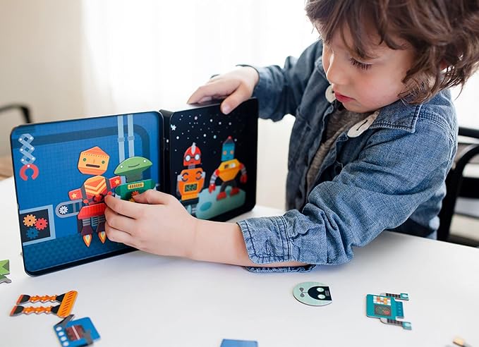 Petit Collage Magnetic Play Set, Robot Remix – Mix & Match Magnetic Game Board, Ideal for Ages 3+ – Includes 2 Magnetic Scenes and over 25 Magnet Pieces, Ideal Travel Activity for Kids