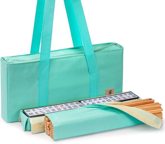 Yellow Mountain Imports American Mahjong Set, Seabreeze with Green Soft Case - 4 All-in-One Racks with Pushers, Wright Patterson Scoring Coins, Dice, & Wind Indicator