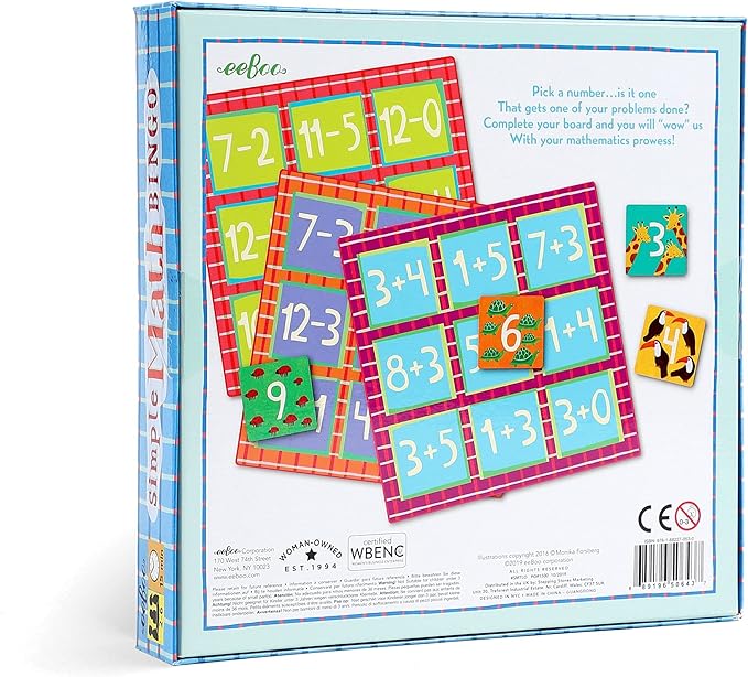 eeBoo: Simple Math Bingo Game, Addition & Subtraction, Match Answers to Complete Number Sentences, 54 Tiles Included, for Ages 5 and up