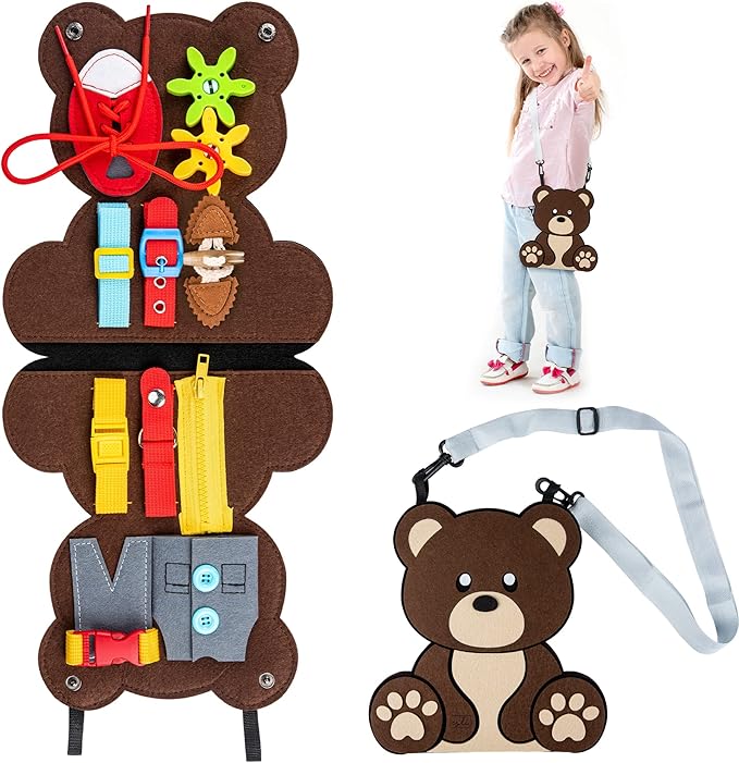 Esli Esli Teddy Busy Board for Toddlers, Sensory & Fine Motor Skill Toddler Activities for Travel Airplane Car, Montessori Toys Gifts for 3 4 5 Year Old Boys Girls, Learning Toys for Toddlers