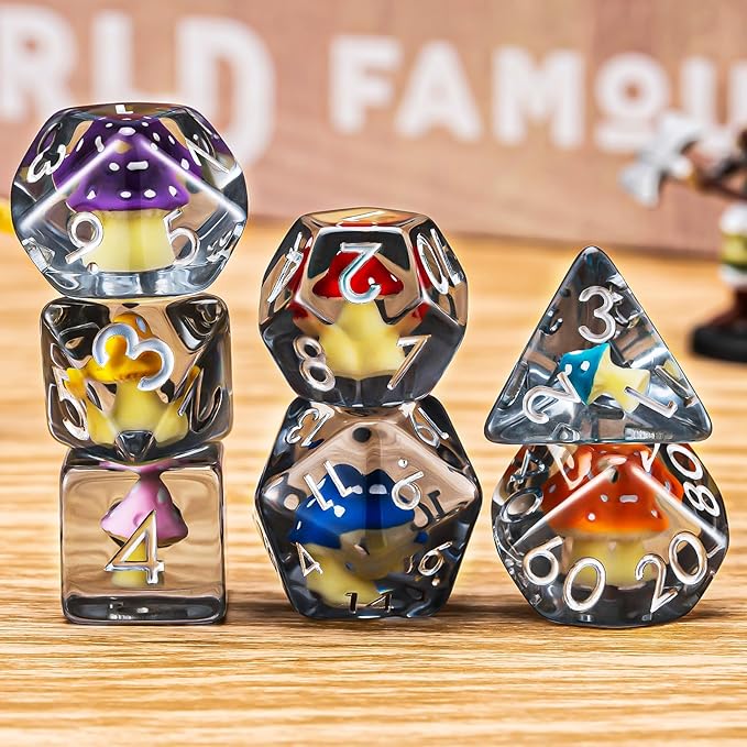 Resin Mushroom D&D Dice Set, Polyhedral Dice 7pcs (D4, D6, D8, D10, D12, D20, D%) for Dungeons and Dragons, RPG, MTG Role Playing Games