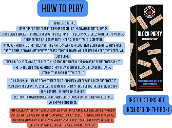 Block Party Adult Game Tumbling Tower ™ - Party Game - 54 Hilarious and Unique Blocks - with Different Dares, Challenges, Mini-Games