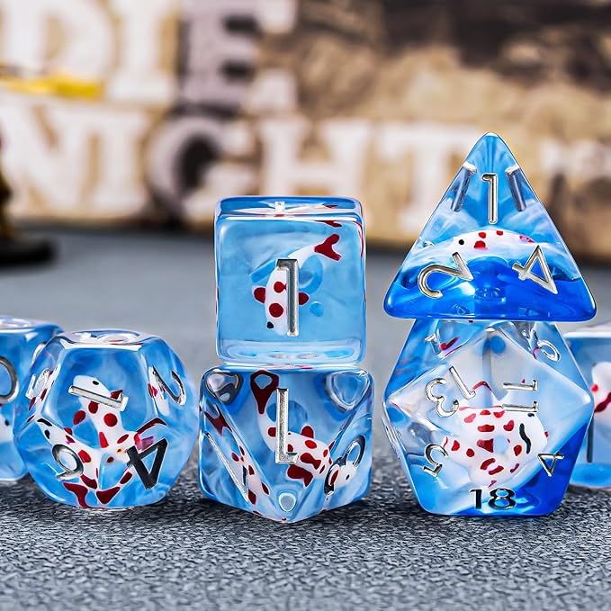 Red Fish Resin D&D Dice Set, Polyhedral Dice for Dungeons and Dragons Role Playing Games (D20, D12, D10, D8, D6, D4)