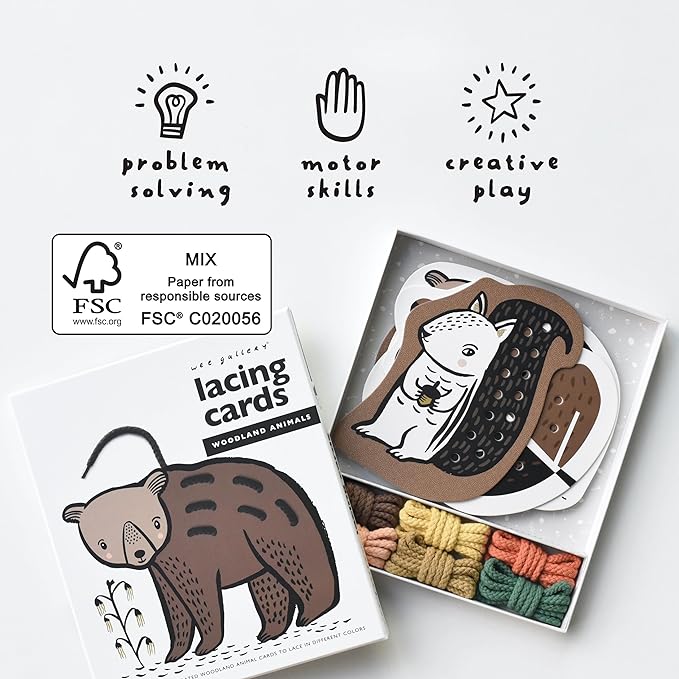 Wee Gallery Woodland Animals Lacing Cards for Toddlers, Sewing Board, Preschool Toys, Montessori Learning Activity for Kids, Learn Motor Skills, Colors, Travel Game, with Soy Inks (Ages 3 4 5 years +)