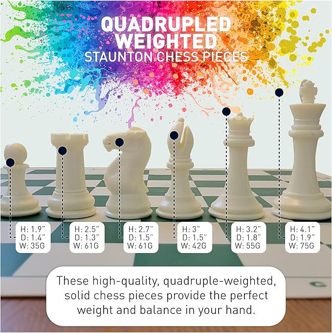 MegaChess Staunton Quadruple Weighted Chess Set - 4.1" Kings, 2 Boards, 34 Pieces, 4 lbs, Ages 8+