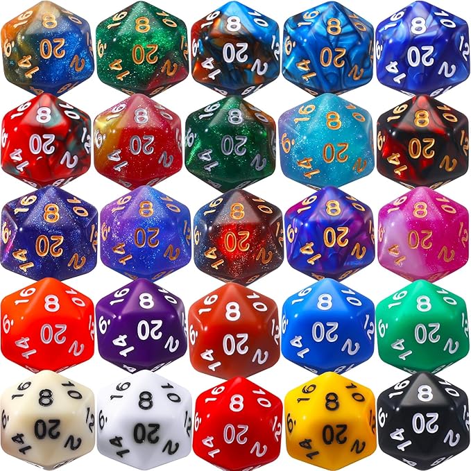 TecUnite 25 Pieces Polyhedral Dice Set with Black Pouch for Other Table Games with Random Multi Colored Assortment (Mix Color,20 Side)