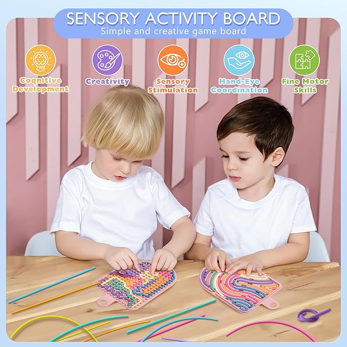 Silicone Sensory Activity Board, Double-Side Fidget Toy for Anxiety, Stress, ADHD, Autism and Calming, Silent, No Mess, Sensory Board with Portable Travel Bag & 12 Strings, Kids 3+ & Adults, Pink