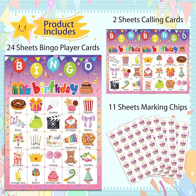 Birthday Bingo Game, 24 Players Birthday Party Bingo Games Birthday Bingo Cards Happy Birthday Bingo Game Cards for Adults Home School Classroom Activities Family Birthday Party Supplies