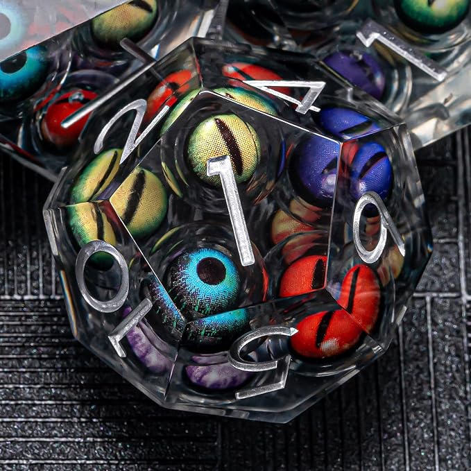Sharp Edged Dice Set Mix Colored Eyeball Dice 22-32mm Large DND Dice with Box, Dungeons and Dragons Polyhedral D&D Role Playing Board Game D&D Dice Set D20 D12 D10 D8 D6 D4 (Colorful Eyes+Silver Ink)