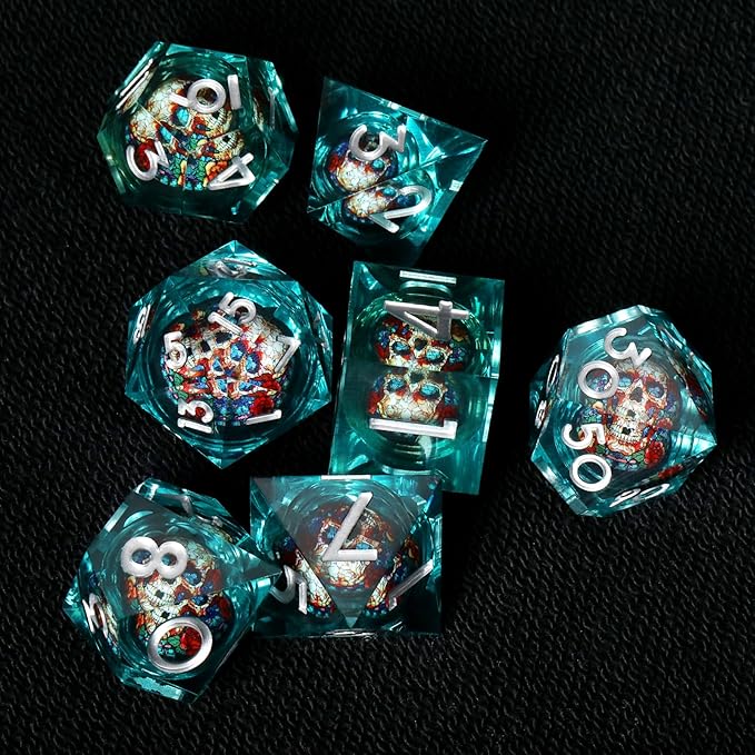Skull D&D Dice Set with Sharp Edges, Resin Polyhedral 7pcs Dice for Dungeons and Dragons RPG, Gift Dragon Eye Bag (Green Silver)