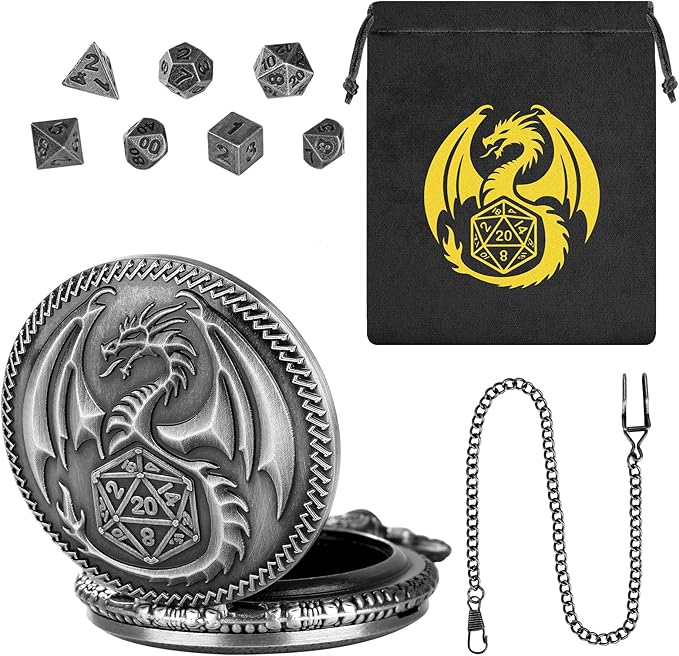 Mini DND Dice Set with Steampunk Dragon Pocket Watch Case, Tiny 7-Piece Polyhedral Metal D&D Dice, DND Gifts with Dragon Logo Gift Bag, Role Playing Game Board Game Accessories Dice, Silver