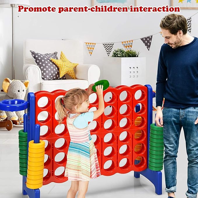 Giant 4 in a Row Connect Game, Jumbo 4 to Score Game Set w/ 42 Chess Rings, Basketball & Hoop, Toss Rings & Quick-Release Lever, Indoor & Outdoor Family Party Game for Kids & Adults