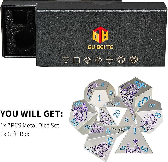 Metal DND Dice Set,Dragons and Warriors DND Dice 7-Pcs Metal Polyhedral Dice Set for Dungeons and Dragons RPG MTG Table Games(Pearl Silver
