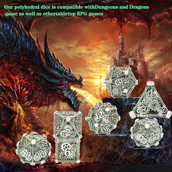 DND Metal Dice Set, UBEUCK 7PCS Gear Metal DND Dice Set for Dungeons & Dragons Board Games Boxes(Gear Green)