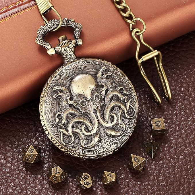 Mini DND Dice Set with Steampunk Double Eyed Octopus Pocket Watch Case, Tiny 7PCS Polyhedral Metal D&D Dice, DND Gifts with Gift Box, Role Playing Game Board Game Accessories Dice, Bronze