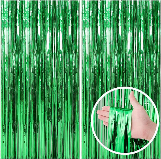 2 Pack Green Streamers Backdrop Jungle Party Decorations Foil Fringe Backdrop Curtains Photo Booth Backdrop for Birthday Dinosaur Animal St Patrick's Day Football Christmas Party Decorations