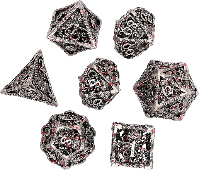 DaMohony Hollow Octopus Metal Dice Set, 7 PCS Polyhedral Dice Set with Metal Box for TRPG Board Games