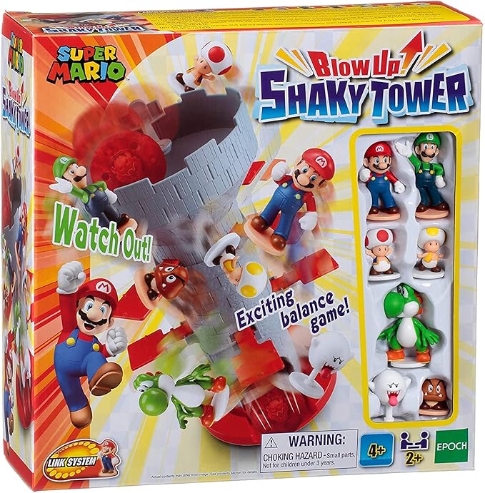 Epoch Games Super Mario Blow Up! Shaky Tower Balancing Game - Tabletop Skill and Action Game with Collectible Super Mario Action Figures (Pack of 6)