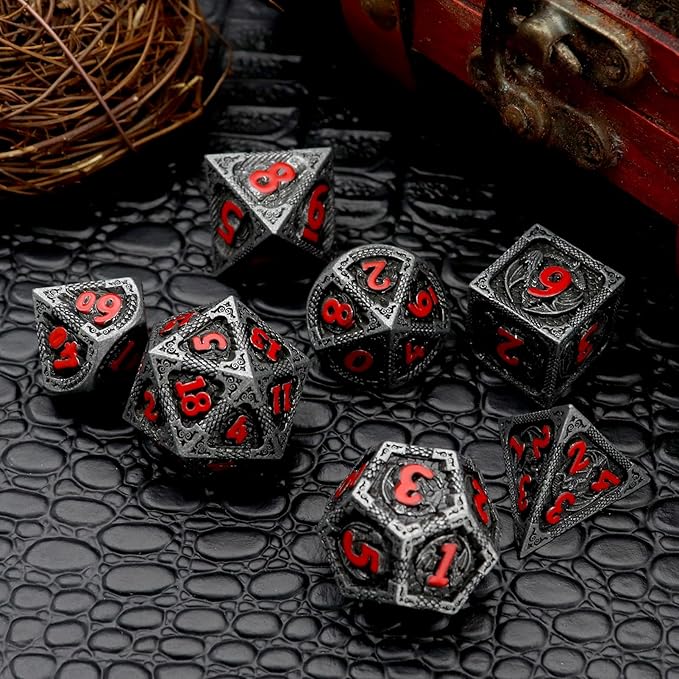 Haxtec Metal DND Dice Set Black Red Dragon D&D Dice Set with Leather Dice Bag Metal Polyhedral Dice for Dungeons and Dragons Gifts TTRPG Dice