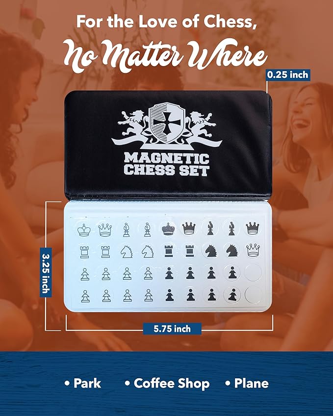 WE Games Mini Magnetic Travel Chess Set – 6-Inch Foldable Board with Durable Vinyl Pieces & Extra Queens– Indoor & Outdoor Magnetic Chess Game - White Logo