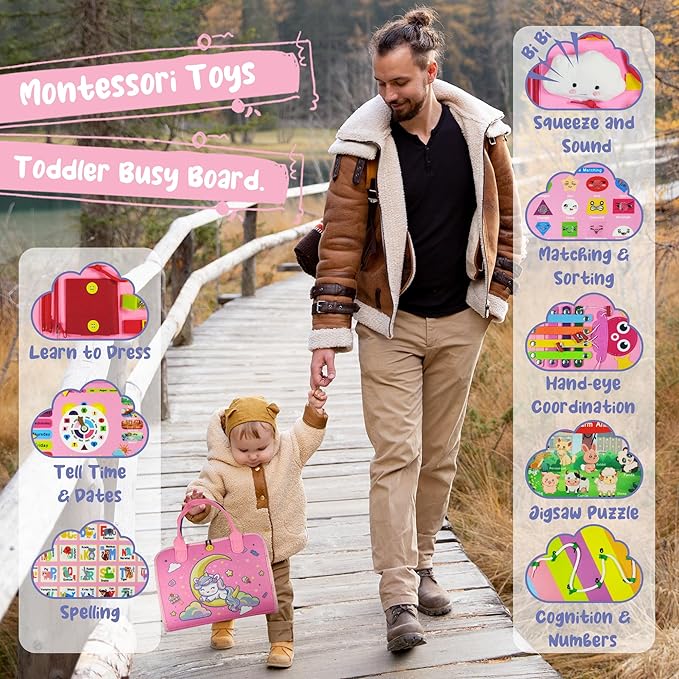 TenFans Montessori Busy Board for Toddlers 1-3 Years - Sensory Toys for Fine Motor Skills - Educational Activities & Travel Toys for Car & Airplane - Gifts for Girls