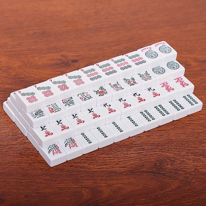American Mahjong Tile Set, 166 Premium White Tiles, 4 All-in-One Color Rack/Pushers, Complete Mahjong Game Set Red Carrying Bag